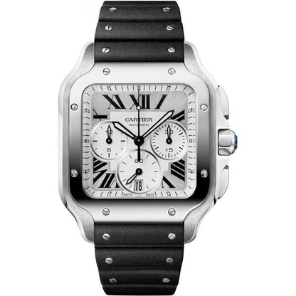 Cartier Santos de Cartier Chronograph Stainless Steel Silver Dial Black Rubber Strap 43.3 MM