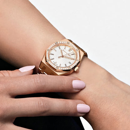 Audemars Piguet Royal Oak 77451OR.ZZ.1361OR.03 'Ladies' Rose Gold Silver Dial Diamond Bezel 34 MM