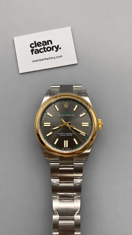 Rolex Oyster Perpetual Grey Dial Gold Bezel Stainless Steel 41 MM